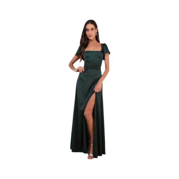 Lulus Ultimate Sweetness Emerald Green Satin Flutter Sleeve Maxi Dress - Size M - Picture 1 of 5